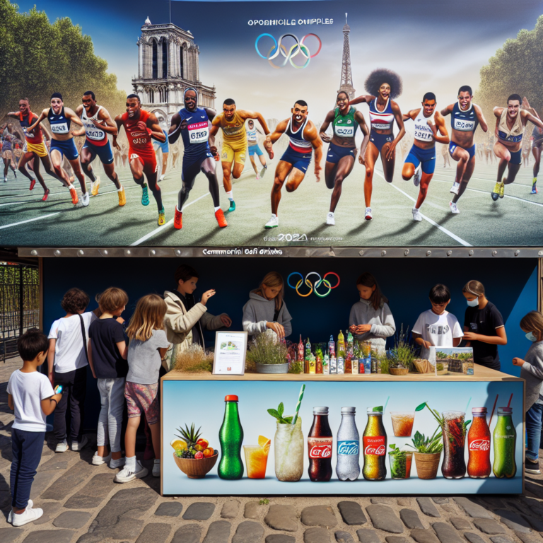 a photography for children of the Paris 2024 Olympics with athletes and eco-friendly alternatives to Coca-Cola, like healthy snacks and natural drinks