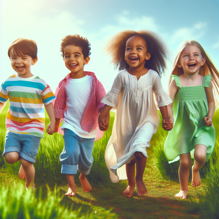 a photography for children of walking barefoot on grass, with joyful expressions and bright colors