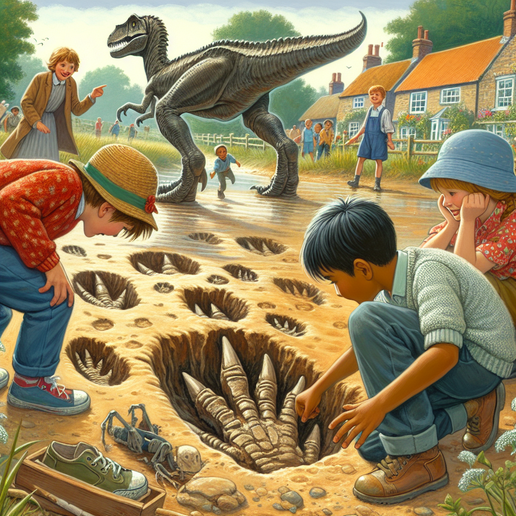 A photography for children of excited paleontologists discovering dinosaur footprints in a small village field, with images of three-toed dinosaur tracks in the soil.