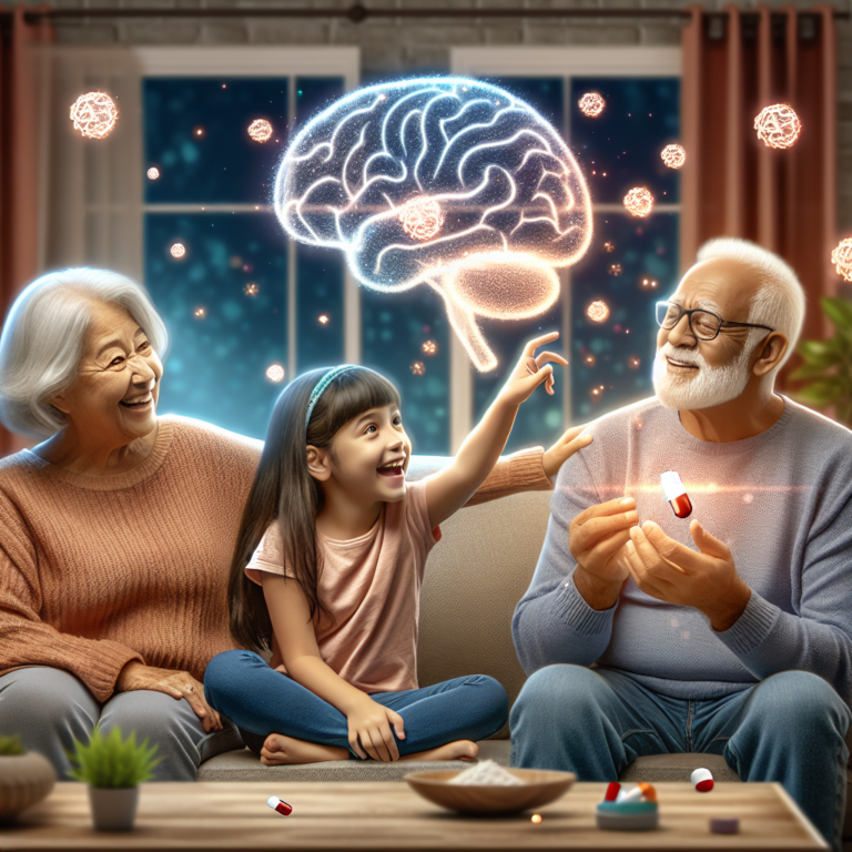 A photography for children of grandparents happily taking a memory-boosting pill together in a cozy living room, with sparkles and brain icons around them to show improved memory.