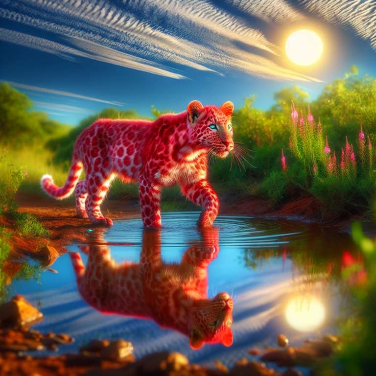 A photography for children of a rare strawberry-colored leopard with a reddish coat in the African wilderness.