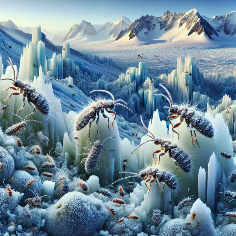 A photography for children of the tiny insect Belgica antarctica, the largest terrestrial animal in Antarctica, shown in its icy habitat with other small creatures around and beautiful snowy landscape.