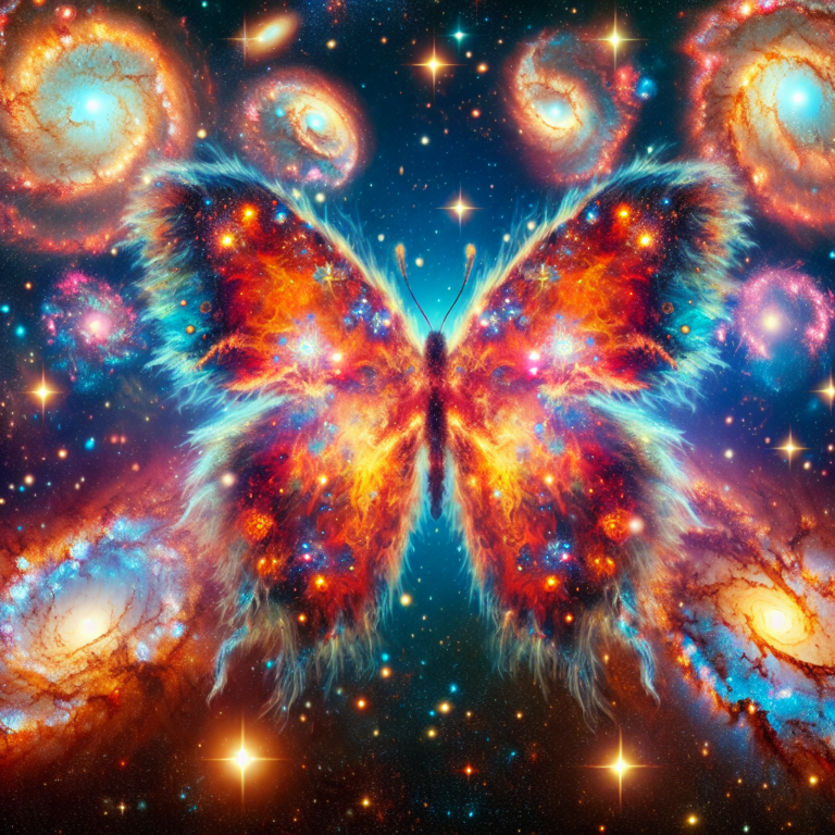 A photography for children of a vibrant butterfly-shaped nebula in space, with its colorful wings extending across the cosmos, captured by a telescope.