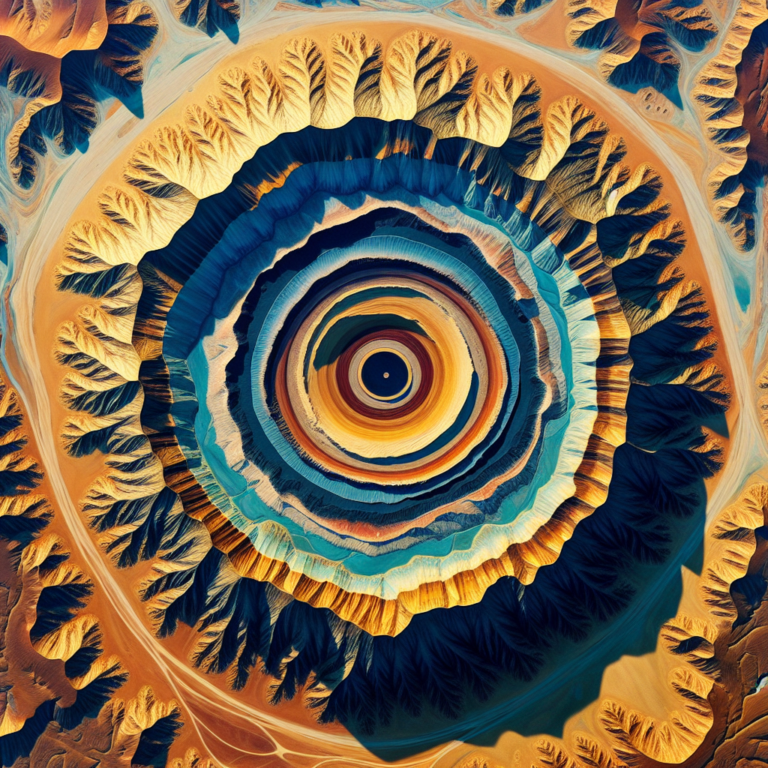 A photograph for children of the giant Eye of the Sahara (Richat Structure) seen from space, showcasing its circular formations and vibrant colors.