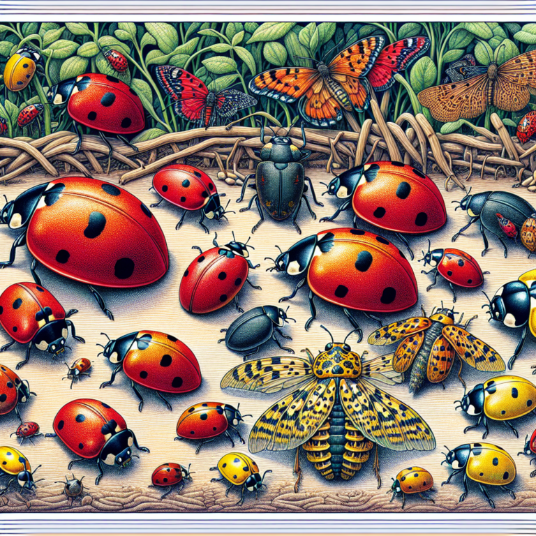 A photography for children of European ladybugs with their red bodies and black spots in a garden, contrasted with Asian ladybugs that come in various colors such as red, orange, yellow, and black, showing their differences and behaviors.