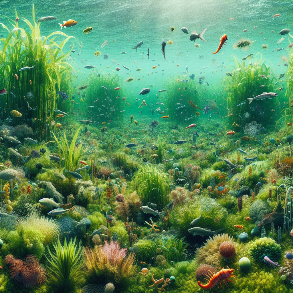 A photography for children of the oldest seagrass meadow in the Baltic Sea near Finland, showing its 1,403-year-old underwater plants with vibrant marine life around.