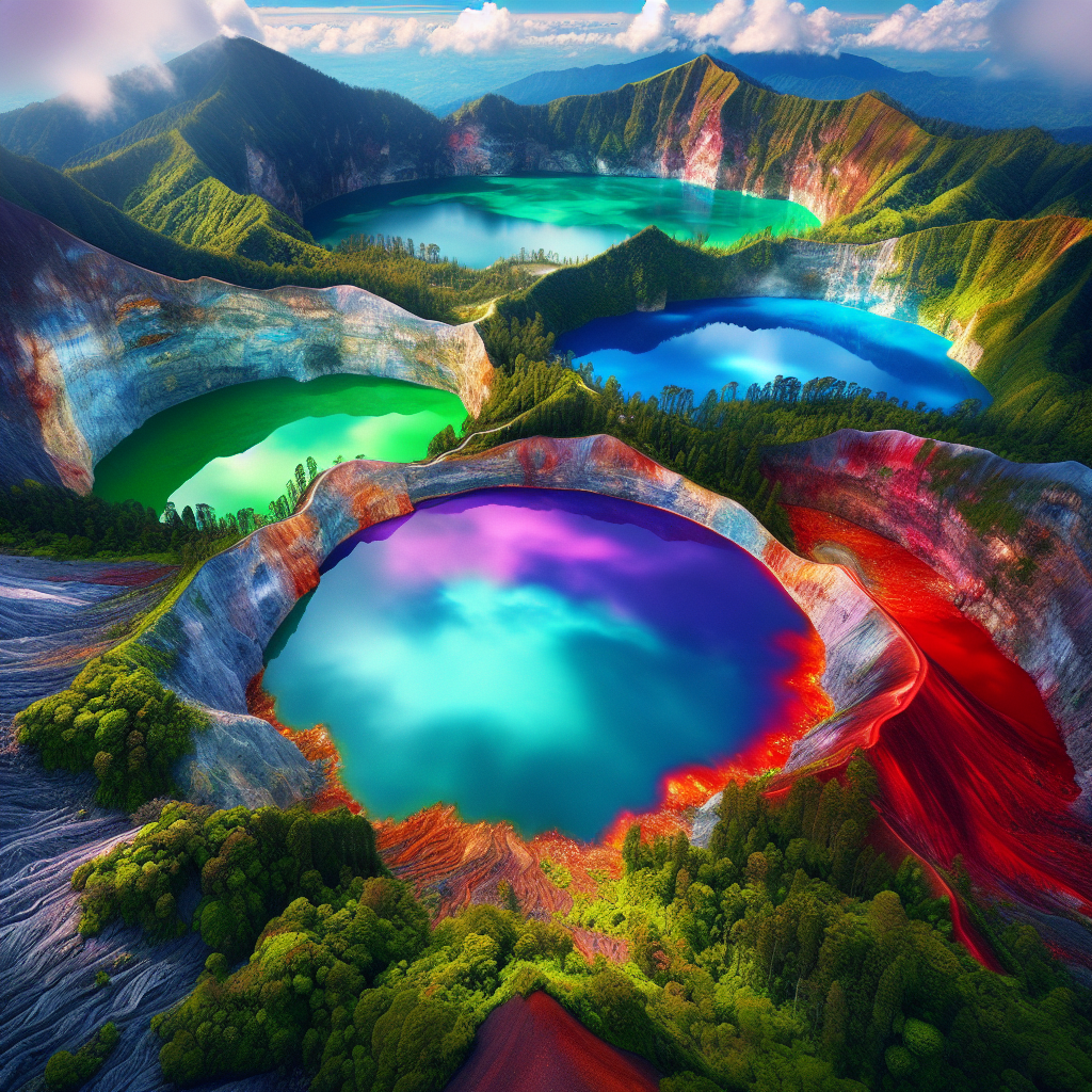 A photography for children of the three color-changing crater lakes of Kelimutu volcano in Indonesia, with vibrant hues of blue, green, and red, surrounded by lush greenery and a clear sky.