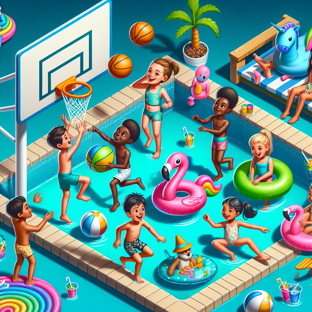 A photography for children of a fun swimming pool scene featuring kids playing with a floating basketball hoop, a volleyball net, and enjoying colorful unicorn and flamingo pool floats while a mini-bar float serves cool drinks.