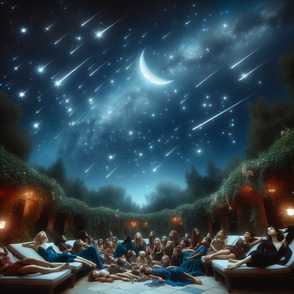 "A photography for children of a magical night under the stars, with shooting stars, a small crescent moon, and children lying on lounge chairs in a garden."