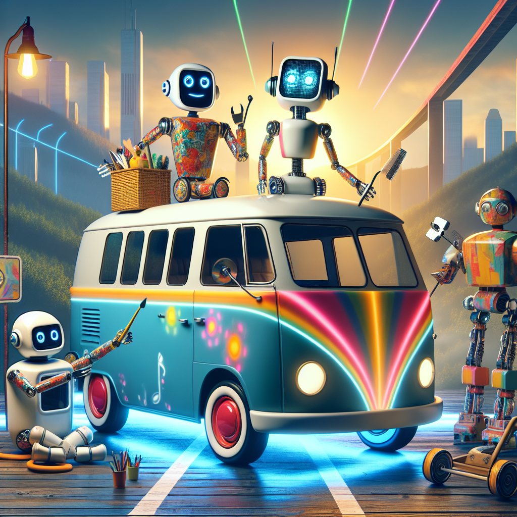 "A photography for children of a futuristic electric Volkswagen Transporter T7 with vibrant colors and friendly robots assisting in the background."