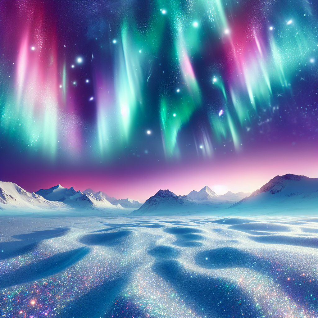 A photography for children of a colorful aurora borealis dancing in the night sky over a snowy landscape.