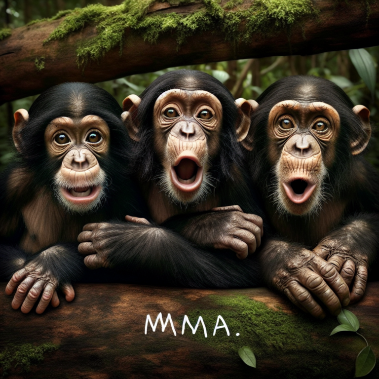 A photography for children of three chimpanzees seemingly saying "mama" in front of a camera.