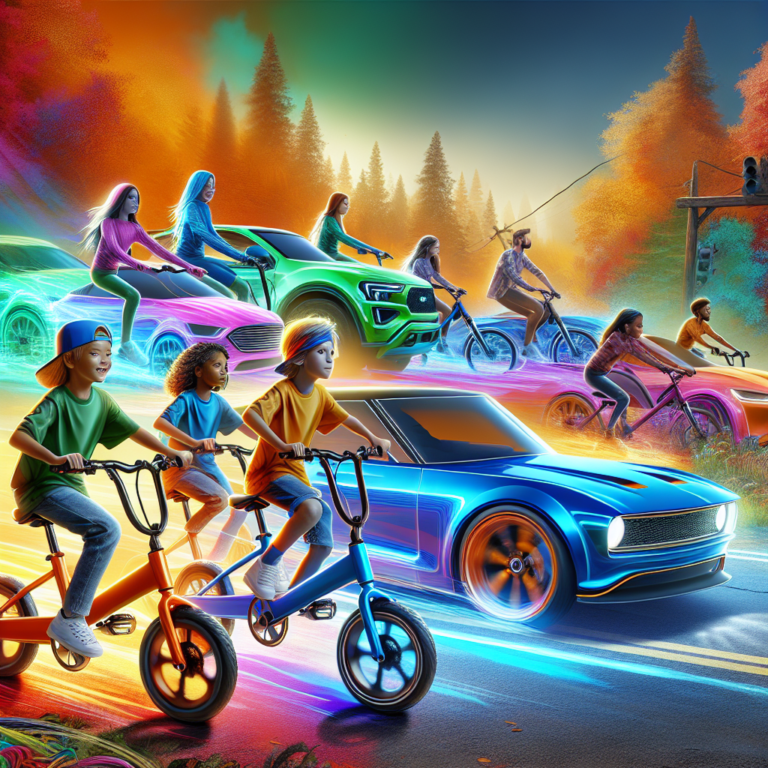 "A photography for children of electric bicycles inspired by Ford Mustang and Bronco, with vibrant colors and stylish designs, cruising through a scenic route."