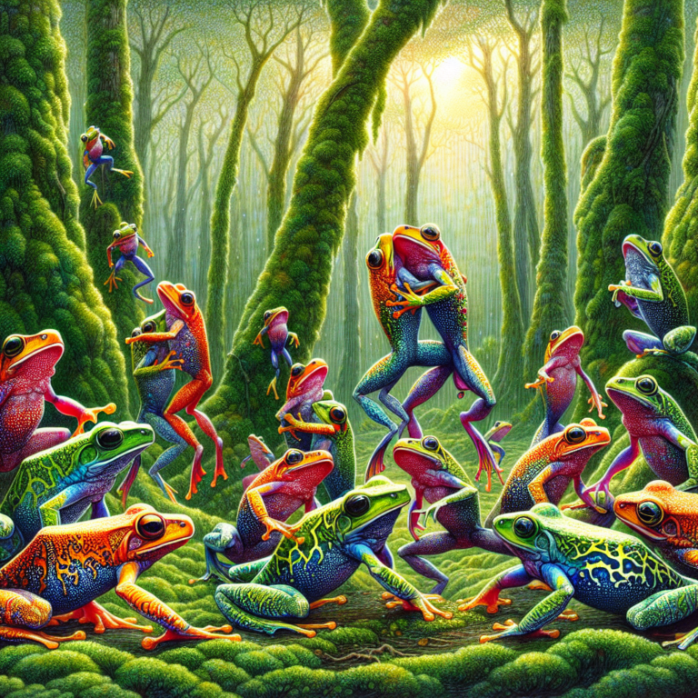 A photography for children of colorful frogs performing unique mating dances in the lush forests of the Andaman and Nicobar Islands.