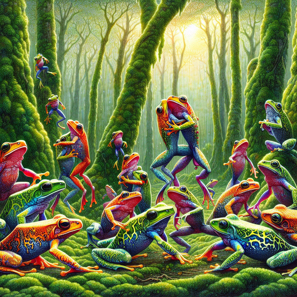 A photography for children of colorful frogs performing unique mating dances in the lush forests of the Andaman and Nicobar Islands.