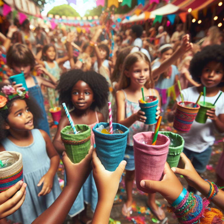 A photography for children of eco-friendly linen cups being used at a lively festival, showcasing the benefits of choosing sustainable options.