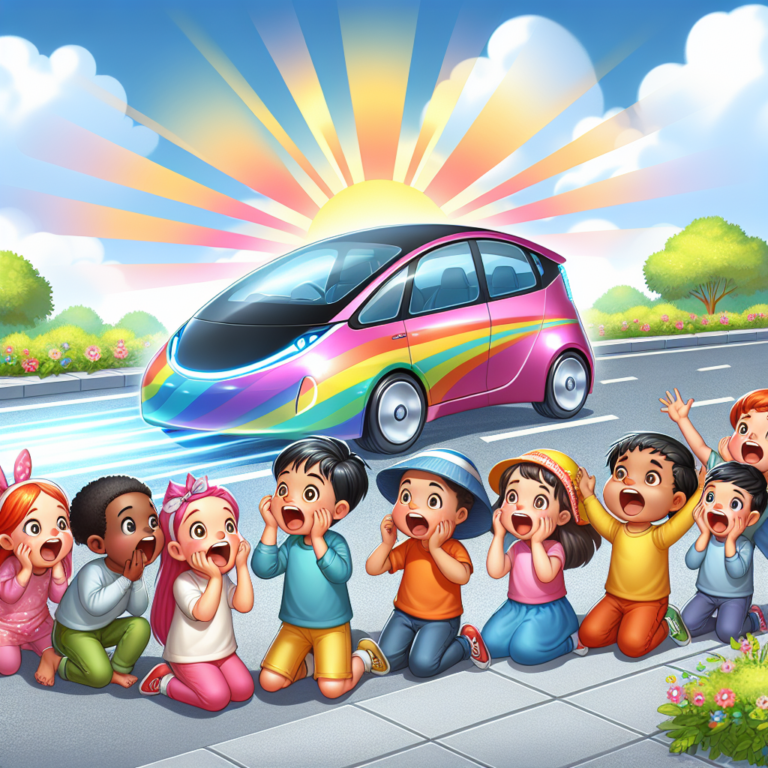 a photography for children of a colorful Audi A6 e-tron electric car driving on a sunny day with happy children looking amazed.