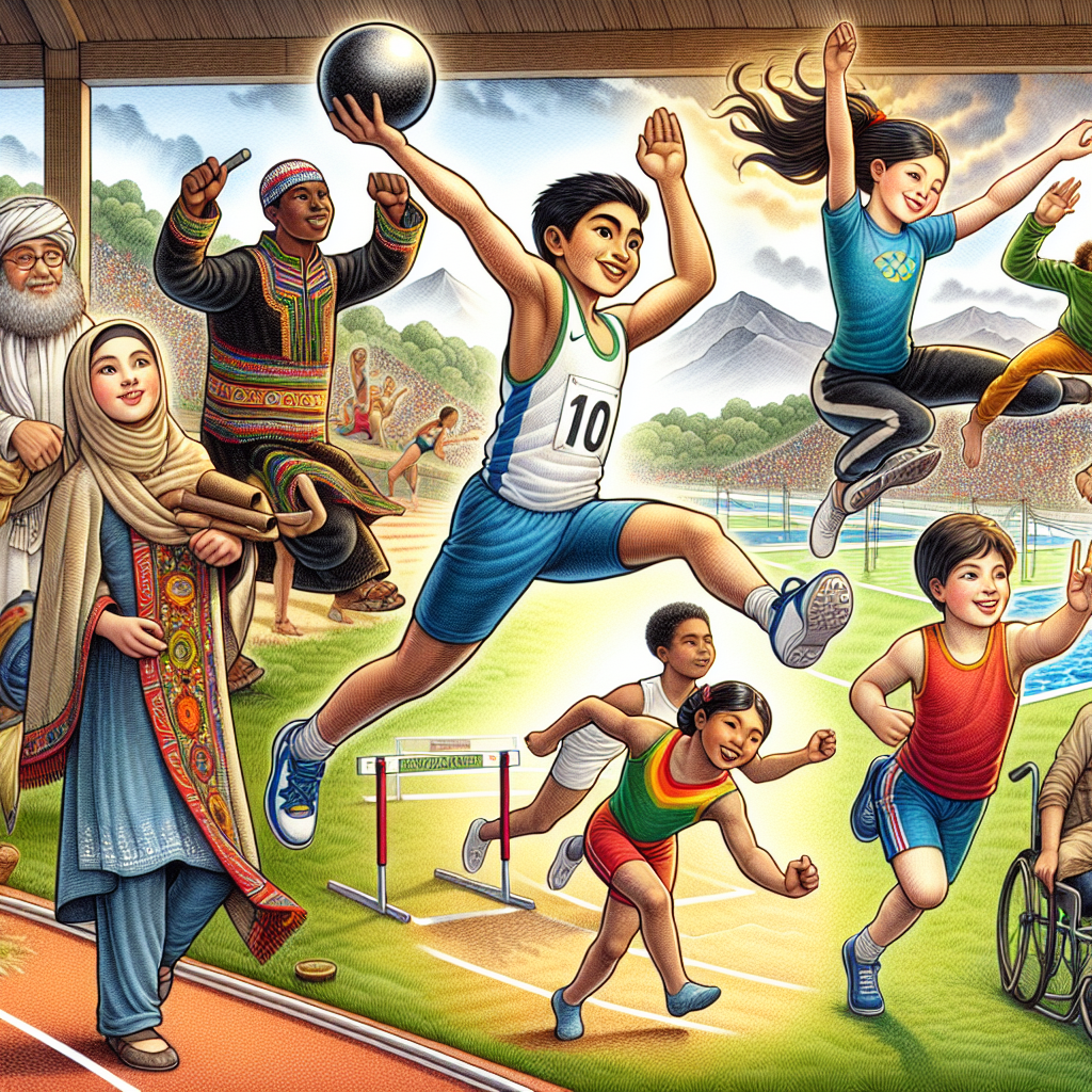 A photography for children of kids enthusiastically trying various Olympic sports in a vibrant and playful setting.