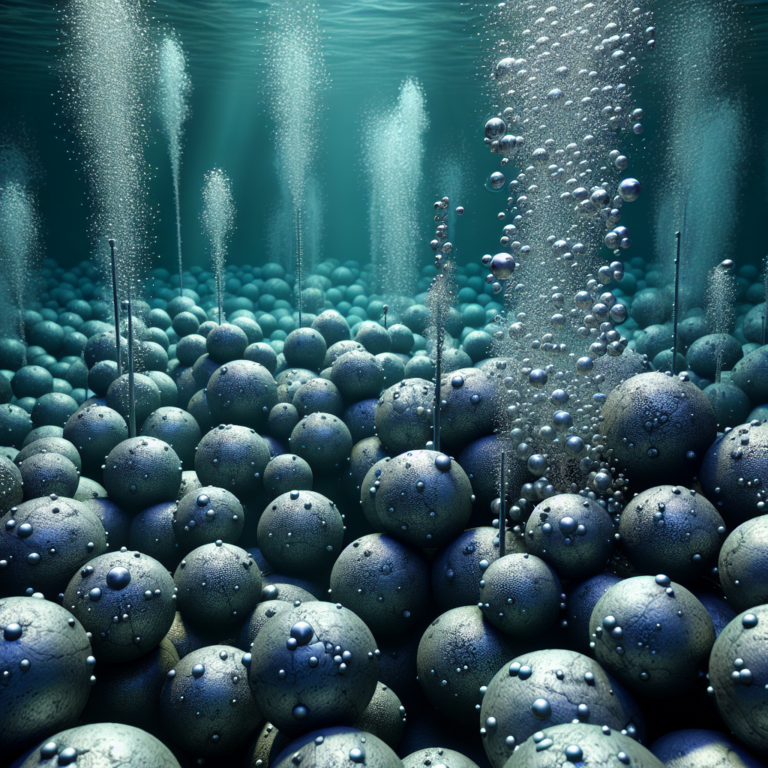 a photography for children of metallic nodules on the deep ocean floor emitting oxygen bubbles.