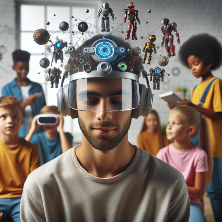 "A photography for children of a person wearing a high-tech Apple Vision Pro headset, controlling devices with their mind, surrounded by friends and futuristic gadgets."