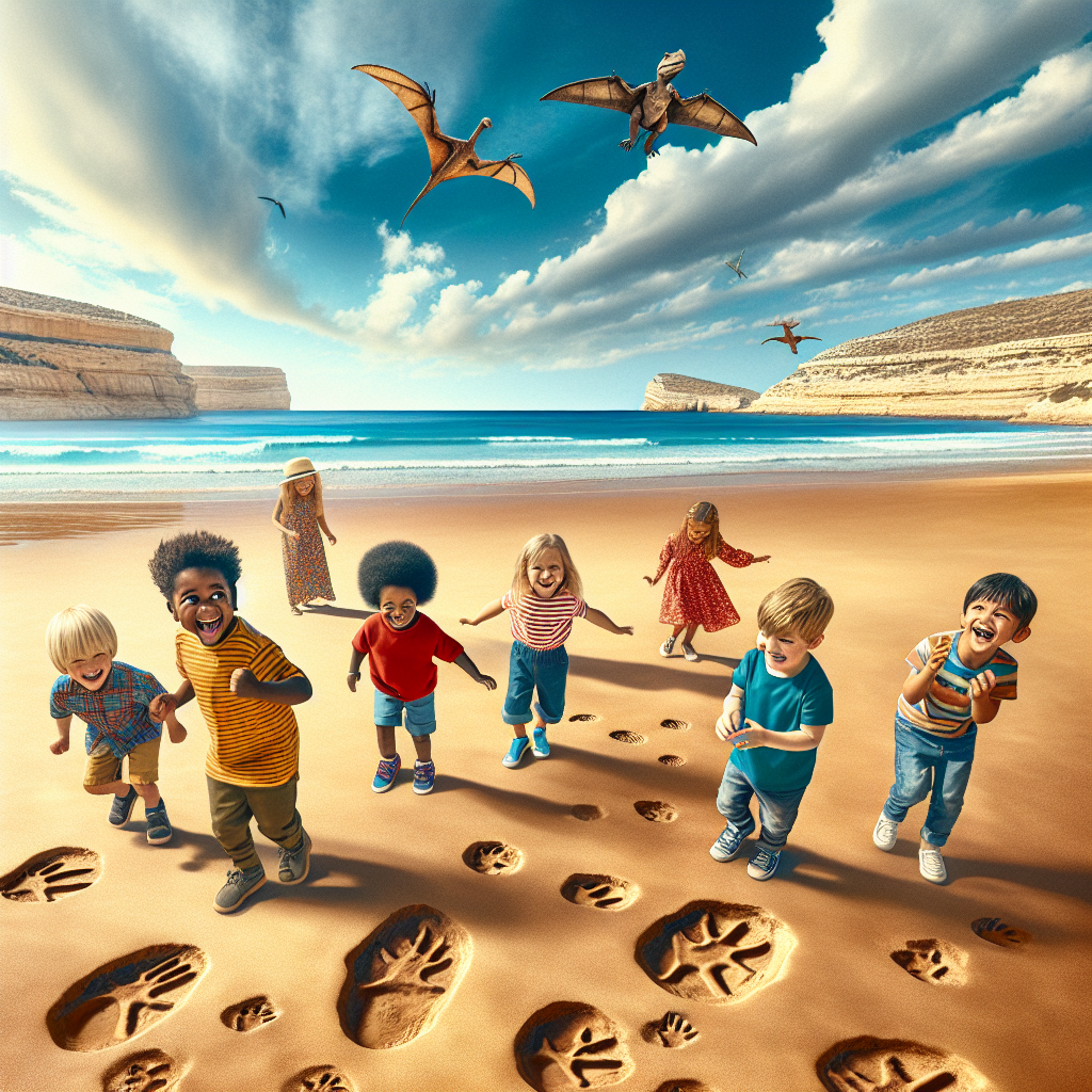 A photography for children of exploring dinosaur footprints on the sandy beach of Playa de La Griega in Spain, with a clear blue sky and a joyful atmosphere.